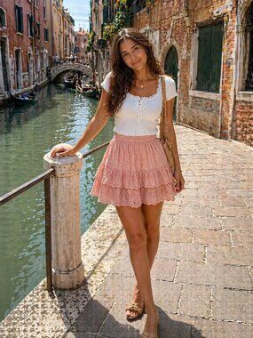 Pink Eyelet Tiered Mini Skirt | Cottagecore Coquette Ruffle Skirt | Boho Feminin